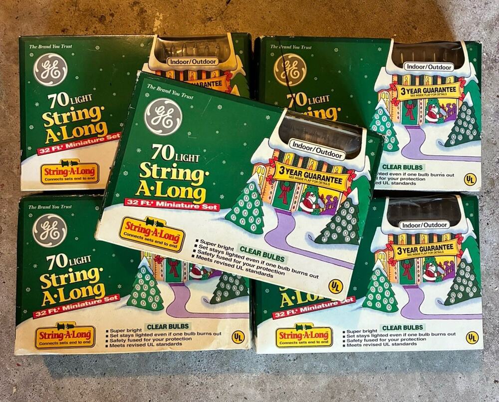 Vintage Lot (5) GE 70 Light String A Long Christmas Lights 32 Ft Mini Set CLEAR